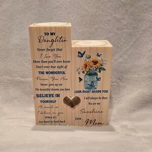 To My Daughter Wooden Candle Holder Set Heart Shaped Love Mom Sunflower Gift